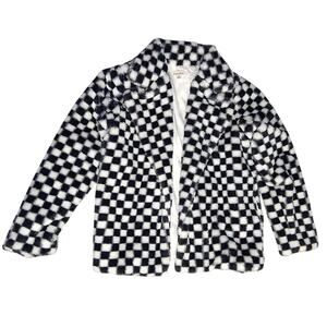 Camellia Checkerboard Black & White Fuzzy Coat Size S Small Fluffy Soft Faux Fur